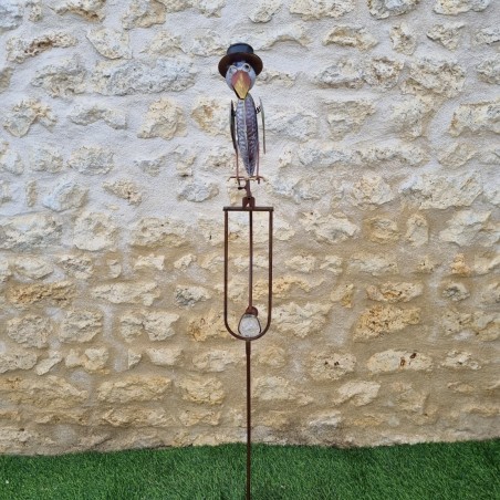 Mobile de jardin en fer motif corbeau à grand bec coloré pic et tuteur équilibré vue de face 
