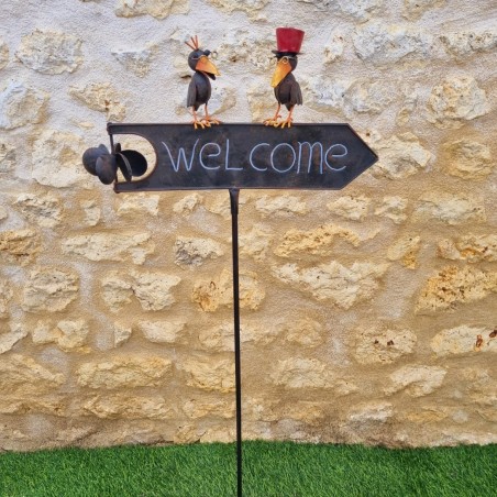 Pic, tuteur décoratif de jardin welcome marron corbeau coloré vue entière