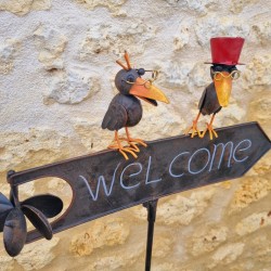 Pic, tuteur décoratif de jardin welcome marron corbeau coloré