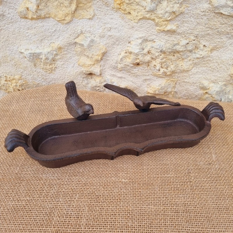 Bain d'oiseaux en fonte ovale à poser marron patiné noir motif 2 oiseaux