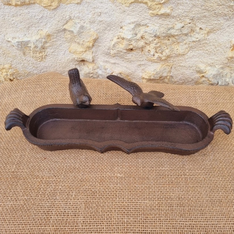Bain d'oiseaux en fonte ovale à poser marron patiné noir motif 2 oiseaux