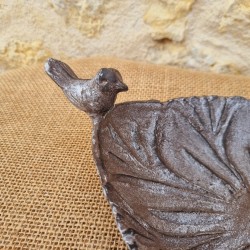 Mangeoire, bain d'oiseau en fonte ovale gris patiné ancien