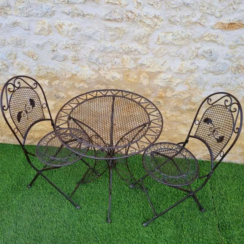 Salon de jardin fer forgé 2 places bistro pliable marron patiné vue de haut 