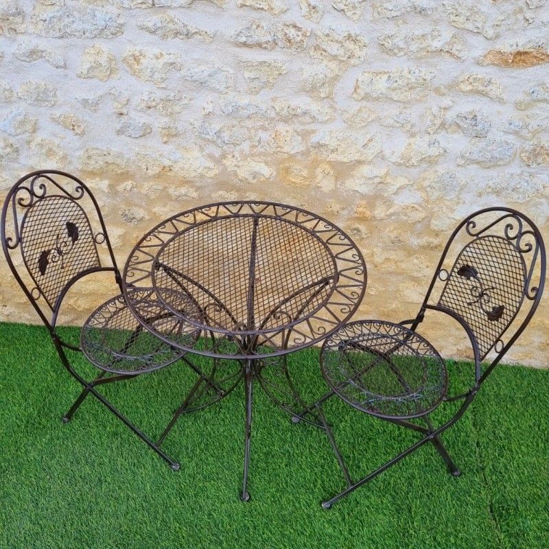 Salon de jardin fer forgé 2 places bistro pliable marron patiné vue de haut 