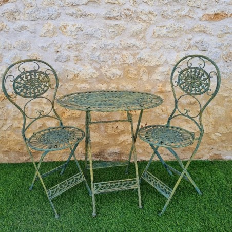 Salon de jardin bistro fer et fonte patinée vert pliable vue entière de face