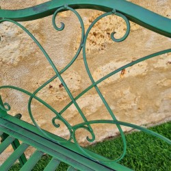 Banc de jardin Dagobert vert ancien vue détail de l'acoudoir