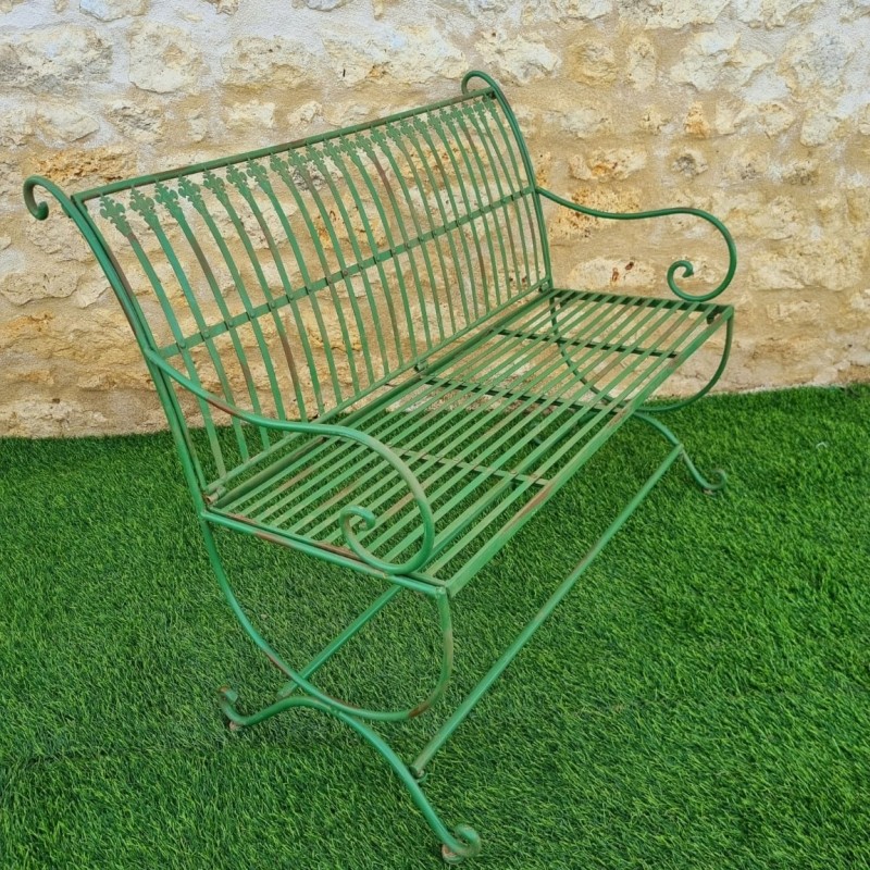 Banc de jardin fer forgé patiné vert antique confortable