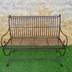 Banc de jardin fer forgé patiné marron antique confortable