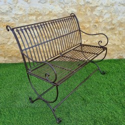 Banc de jardin fer forgé patiné marron antique confortable