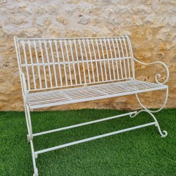 Banc de jardin fer forgé patiné blanc antique confortable