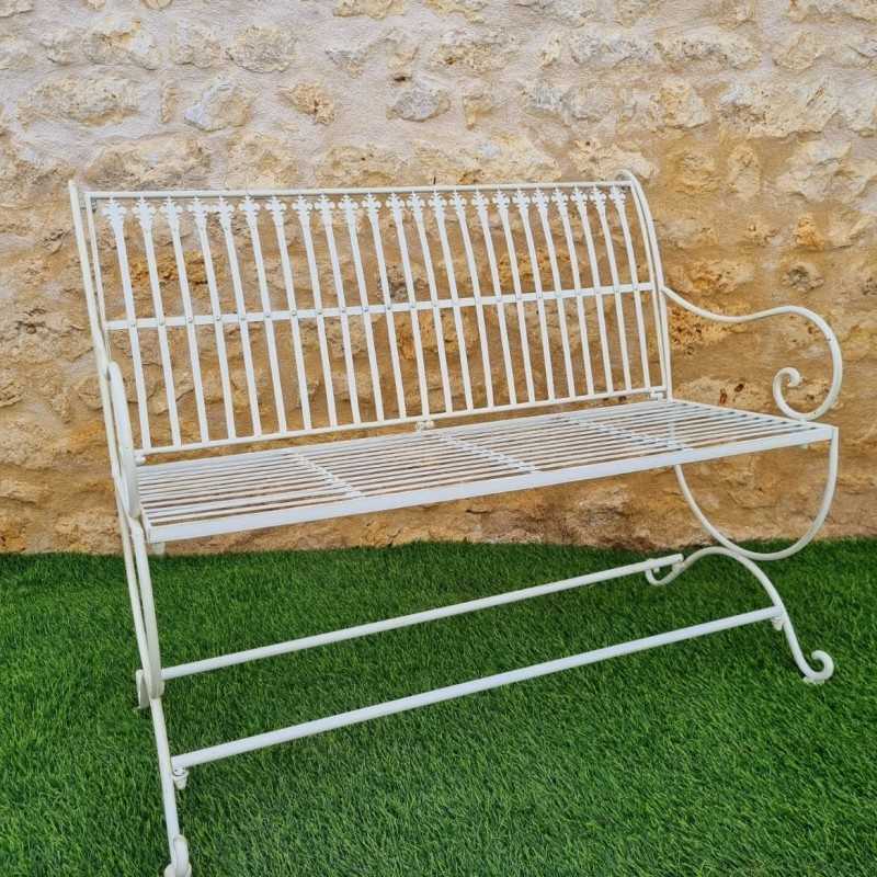 Banc de jardin fer forgé patiné blanc antique confortable