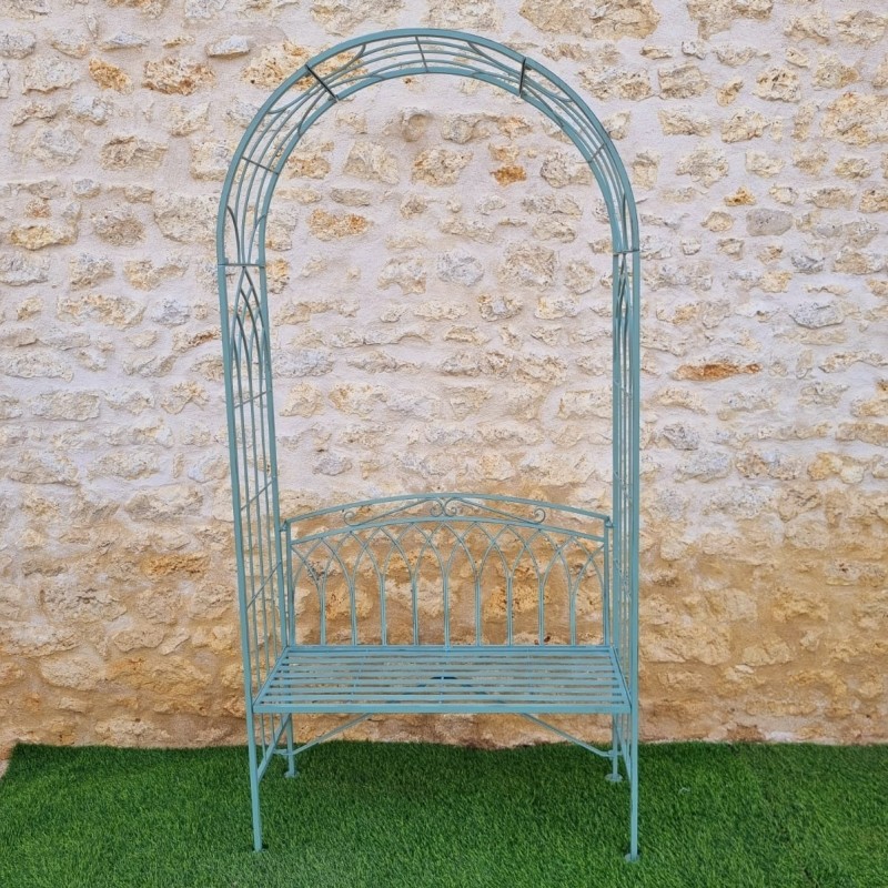 Banc arche de jardin fer forgé patiné vert antique confortable