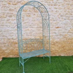 Banc arche de jardin fer forgé patiné vert antique confortable