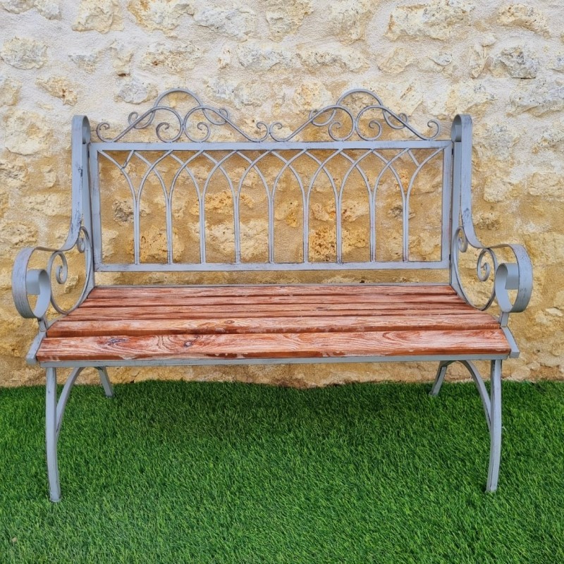 Banc de jardin fer forgé et bois patiné gris antique confortable