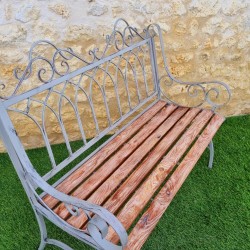 Banc de jardin fer forgé et bois patiné gris antique confortable