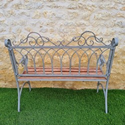 Banc de jardin fer forgé et bois patiné gris antique confortable