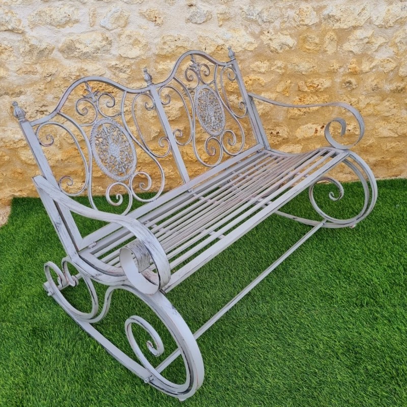 Rocking-chair , banc à bascule deux places en fer et fonte patinée gris vieilli