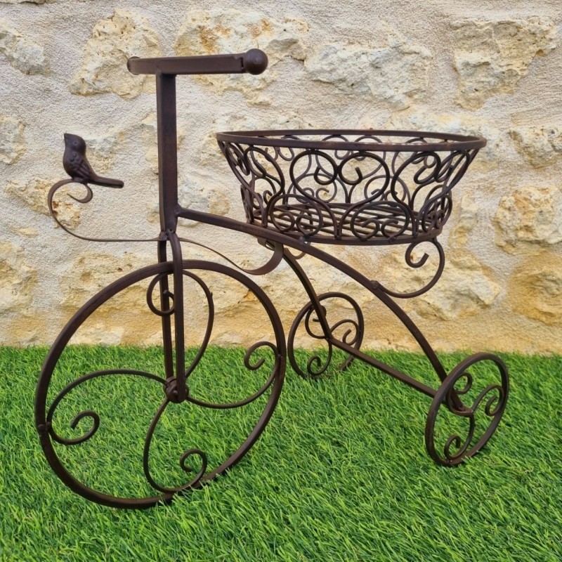 Porte plante tricycle marron panier haut