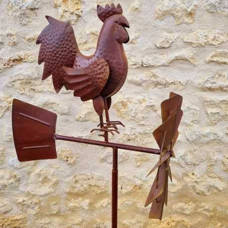 Pic, éolienne de jardin en fer motif coq aspect rouille. LDJ