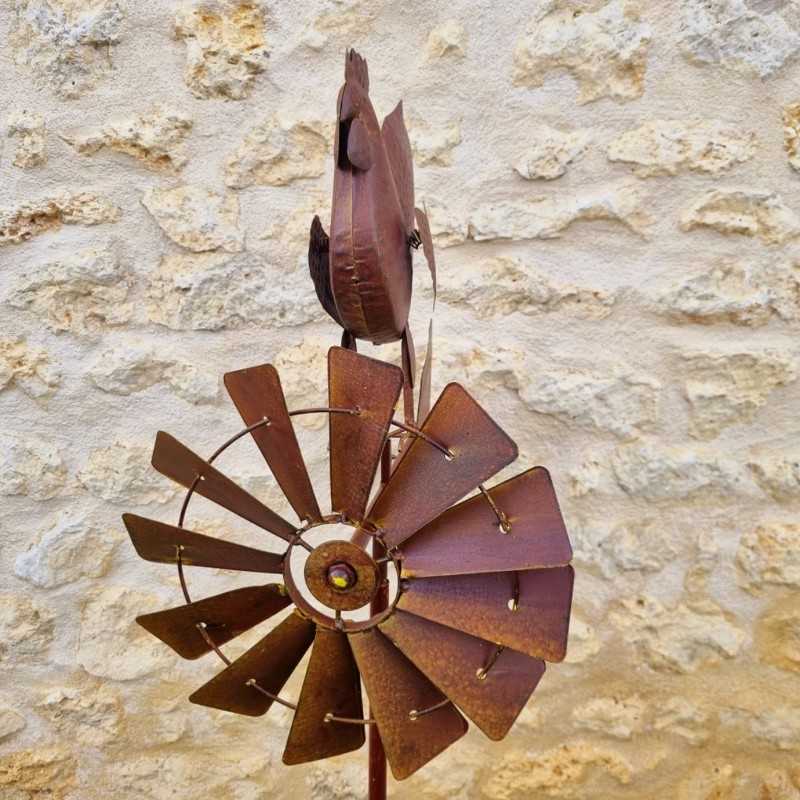 Pic, éolienne de jardin en fer motif coq aspect rouille. LDJ