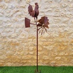 Pic, éolienne de jardin en fer motif coq aspect rouille. LDJ