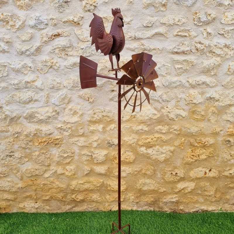 Pic, éolienne de jardin en fer motif coq aspect rouille. LDJ