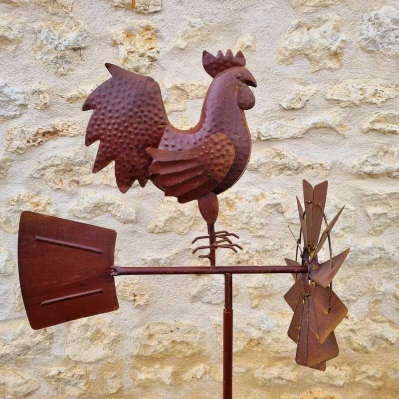 Pic, éolienne de jardin en fer motif coq aspect rouille. LDJ
