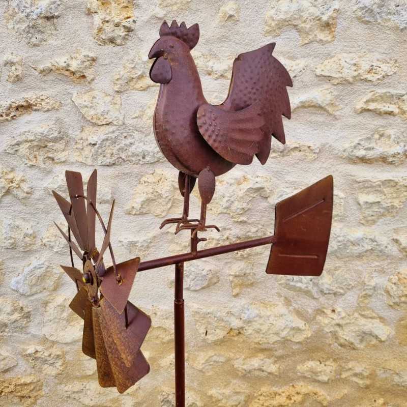 Pic, éolienne de jardin en fer motif coq aspect rouille. LDJ