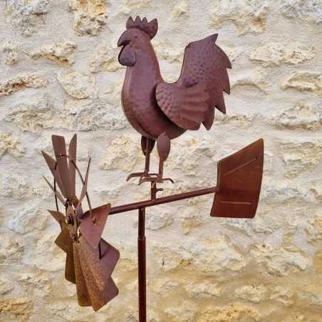 Pic, éolienne de jardin en fer motif coq aspect rouille. LDJ