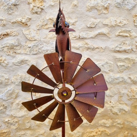 Pic, éolienne de jardin en fer motif chouette aspect rouille 54,90 € LEZARD DU JARDIN