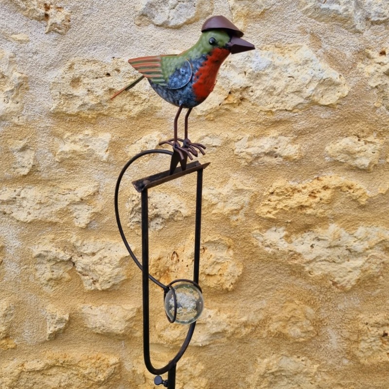 Balancier, tuteur en métal et verre oiseau avec chapeau