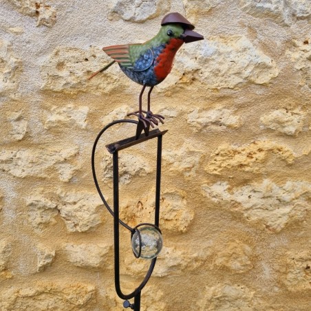 Balancier, tuteur en métal et verre oiseau avec chapeau