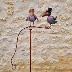 Pic en métal et verre, balancier corbeaux colorés tuteur de jardin