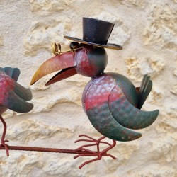 Pic en métal et verre, balancier corbeaux colorés tuteur de jardin