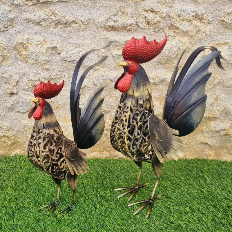 Coq en fer en deux tailles couleur doré noir et rouge