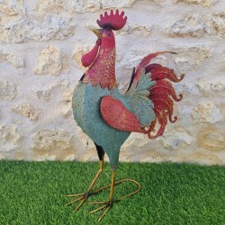 Coq en fer rouge et bleu