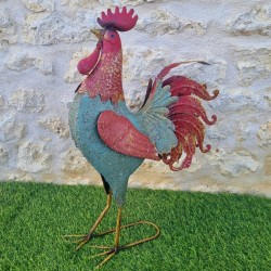 Coq en fer rouge et bleu