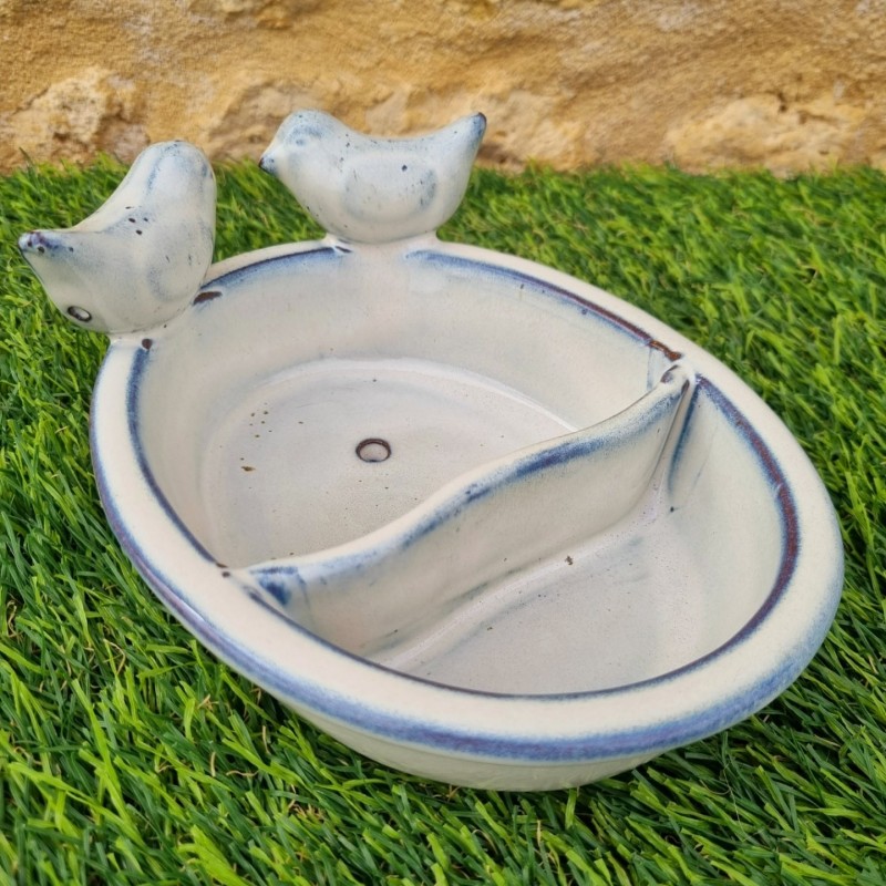 Bain d'oiseaux, mangeoire en terre cuite à posé blanc bleu 28,90 € LEZARD DU JARDIN