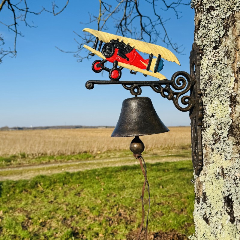 Cloche murale en fonte avec avion biplan – Élégance rétro pour votre extérieur