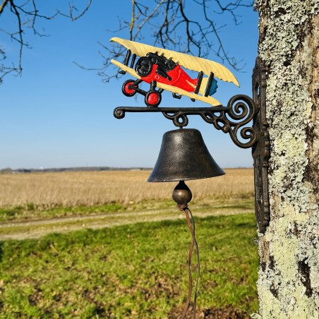 Cloche murale en fonte avec avion biplan – Élégance rétro pour votre extérieur