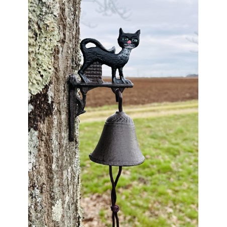 Cloche murale en fonte avec chat noir – Décoration féline et colorée vue de près