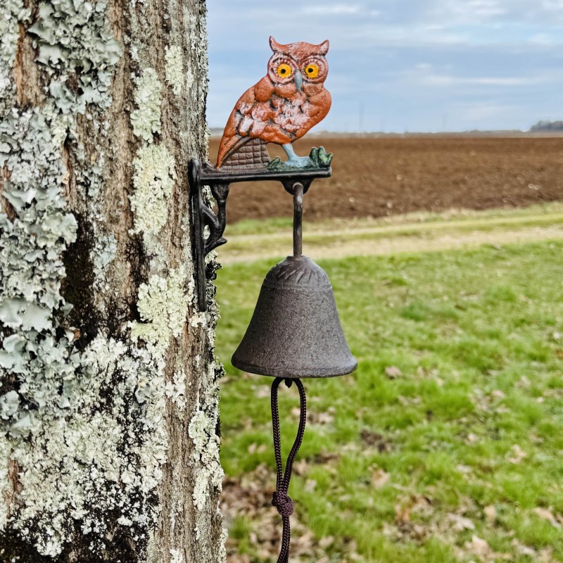 Cloche murale en fonte avec hibou coloré – Charme et originalité