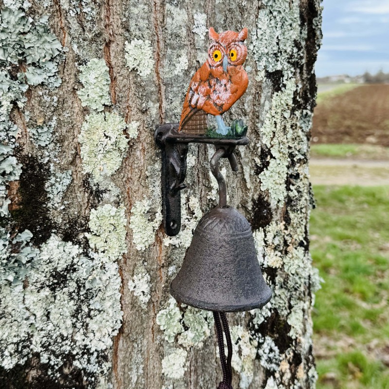 Cloche murale en fonte avec hibou coloré – vue de face