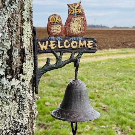 Cloche murale en fonte hiboux et "Welcome" – Originalité et accueil chaleureux