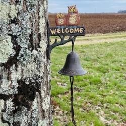 Cloche murale en fonte hiboux et "Welcome" – vue entière