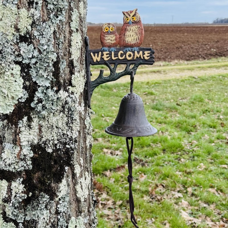Cloche murale en fonte hiboux et "Welcome" – vue entière