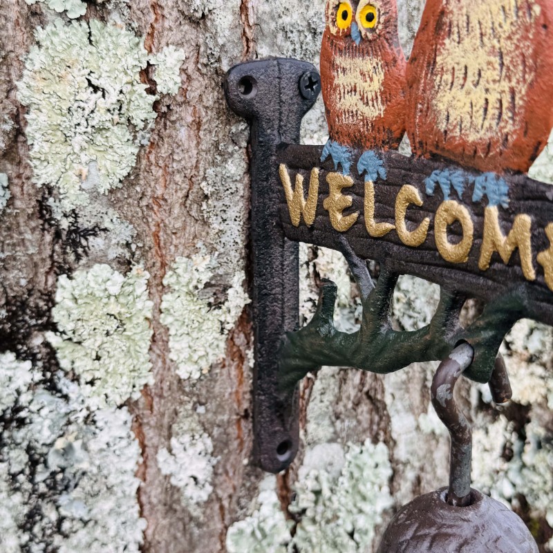 Cloche murale en fonte hiboux et "Welcome" – Originalité et accueil chaleureux vue des 3 points de fixations