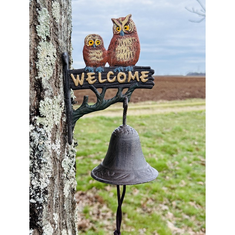 Cloche murale hiboux "Welcome" en fonte | Décoration conviviale et colorée