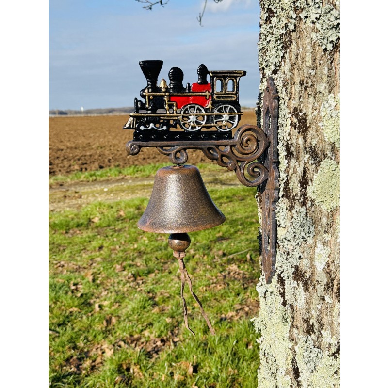 Cloche murale en fonte avec locomotive - Originalité et charme ferroviaire vue entière