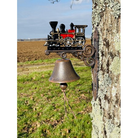 Cloche murale en fonte avec locomotive - Originalité et charme ferroviaire vue entière